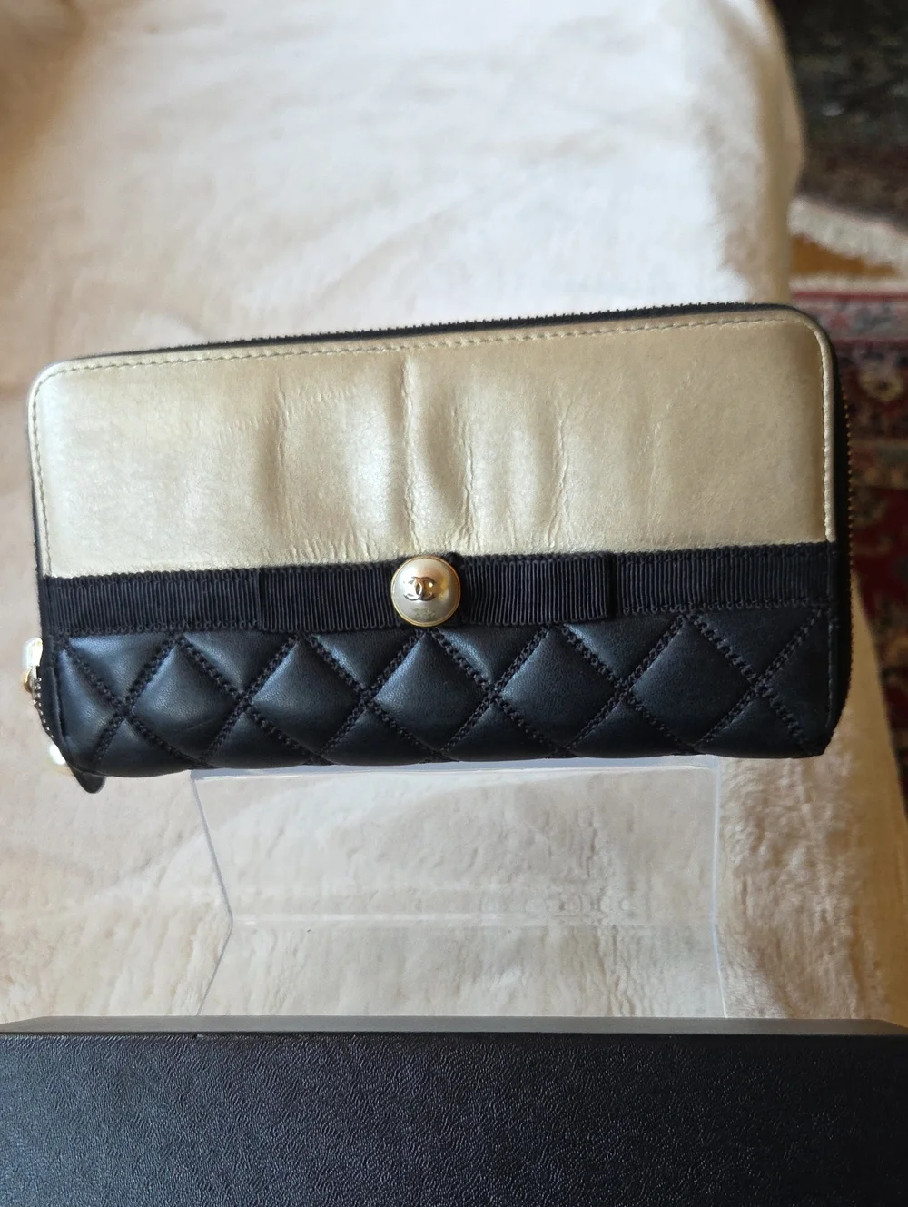 CHANEL A82472 Pearl Ribbon CC Mark Logo Long Wallet Black And Cream Leather